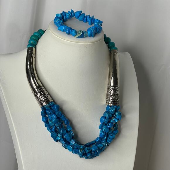 Turquoise blue colored and silver tone necklace and bracelet set southwestern - Picture 1 of 11